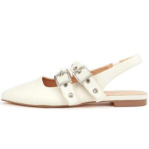 Womens Size 8.5 Slingback Buckle Flats Pointed Toe Office Ivory